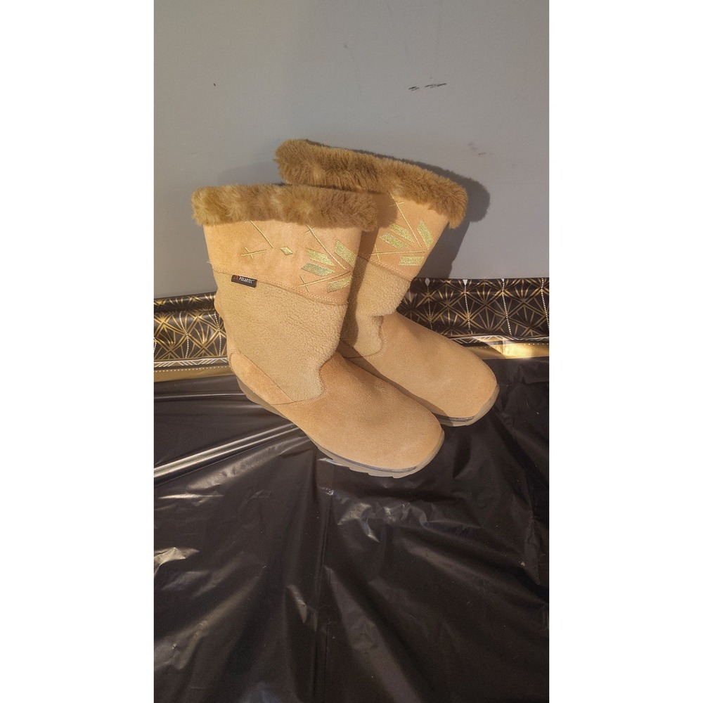 Sporto Polartec Insulated Winter Boots Tan Faux Fur Trim Embroidered W2431 Sz 7M